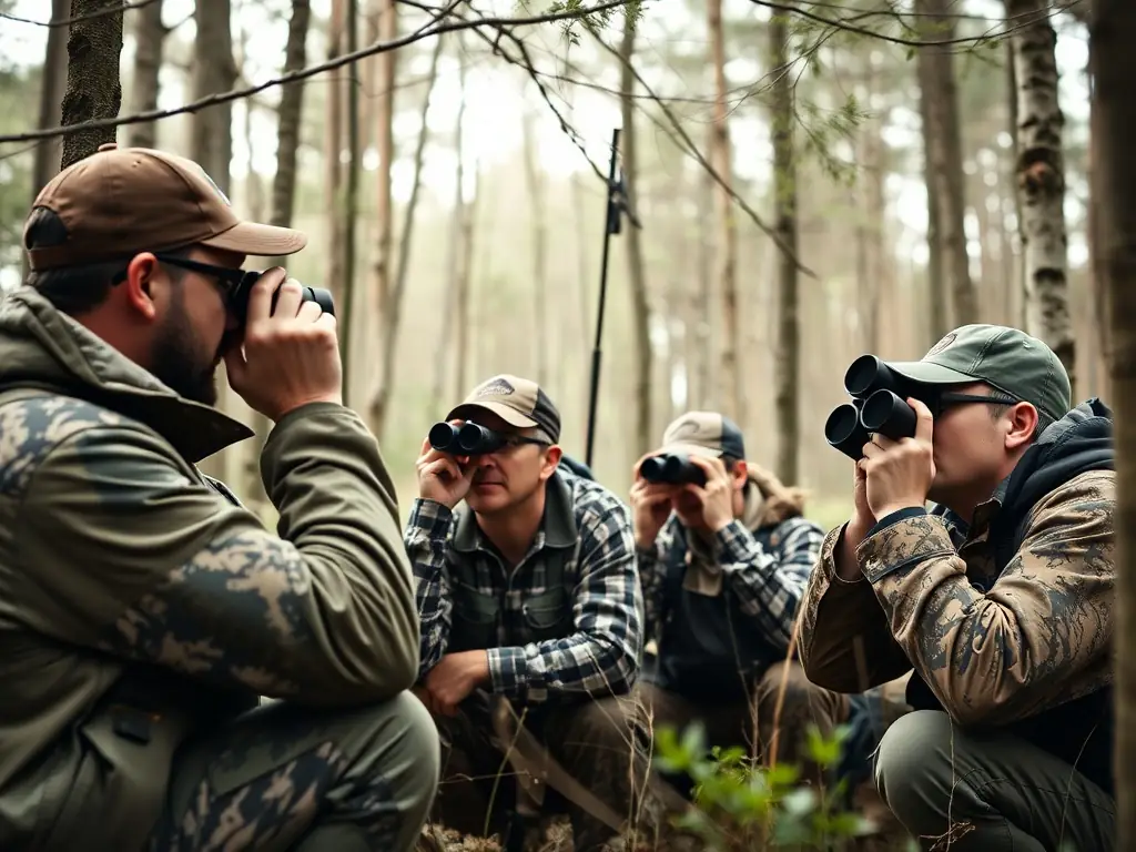 A group of hunters participating in a wildlife census in the Avaugour Bois Meur forest, using binoculars and GPS devices to record animal sightings.