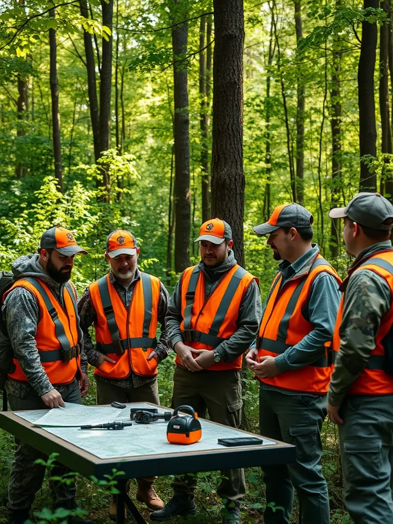 A photograph of hunters participating in a supervised hunting event in the Avaugour Bois Meur forest, showcasing responsible hunting practices and safety measures.