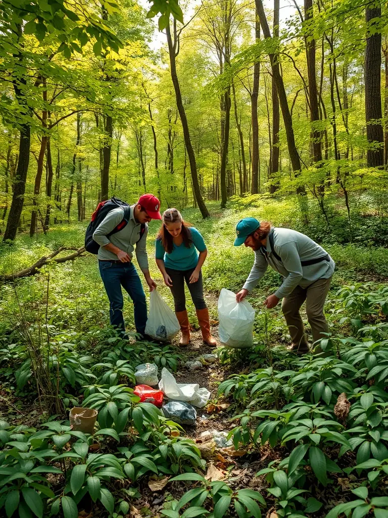 A picture of volunteers cleaning up a forest area, removing litter and debris to maintain a healthy environment for wildlife.