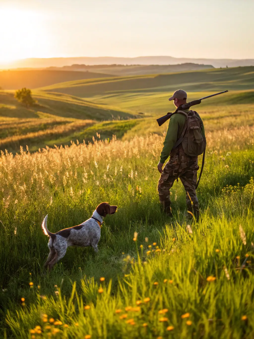 A photo of a hunter with a hunting dog in the Avaugour Bois Meur forest, highlighting the importance of animal companionship and responsible hunting.