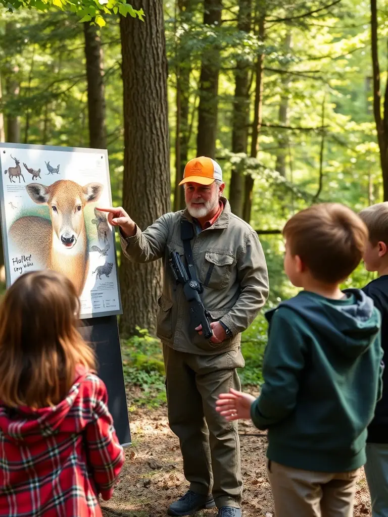 An image of a hunter educating a young participant about responsible hunting practices, emphasizing conservation and respect for wildlife.