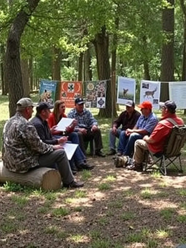 A photo of community members attending a workshop on wildlife preservation and sustainable hunting practices, led by experienced hunters.