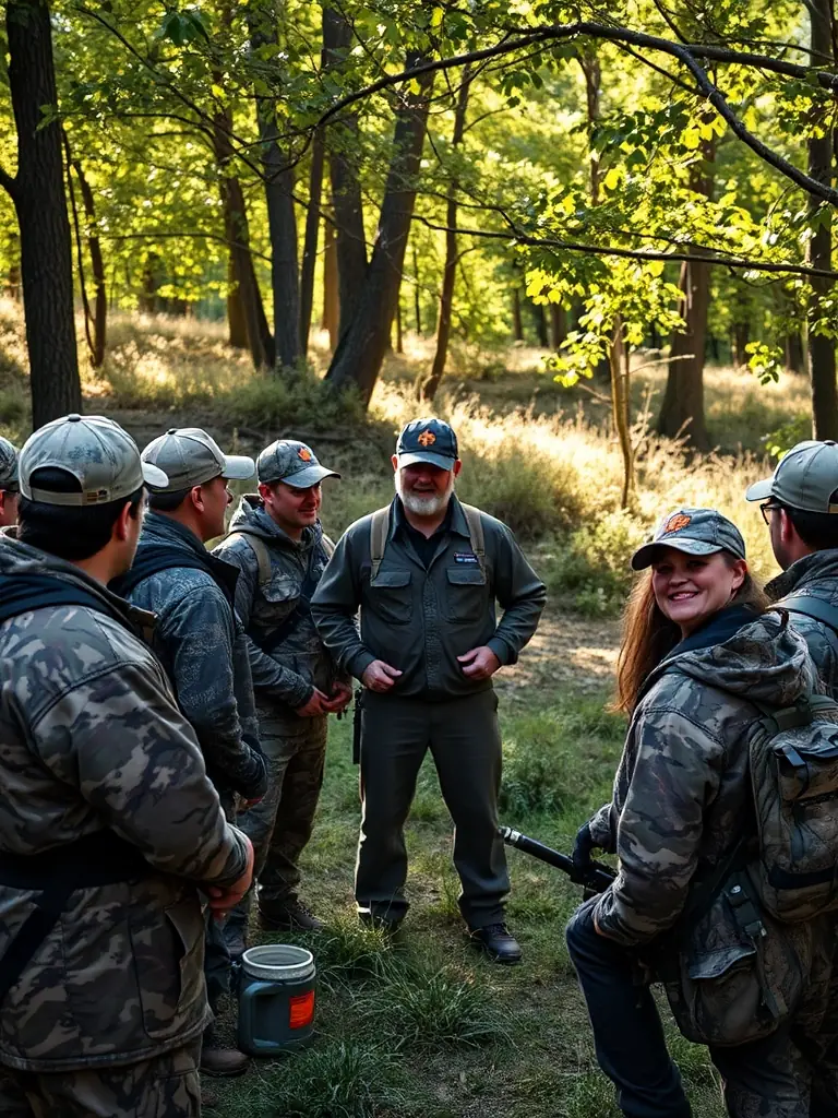 A group of hunters coordinating their efforts in the forest, demonstrating teamwork and communication during a hunting session.