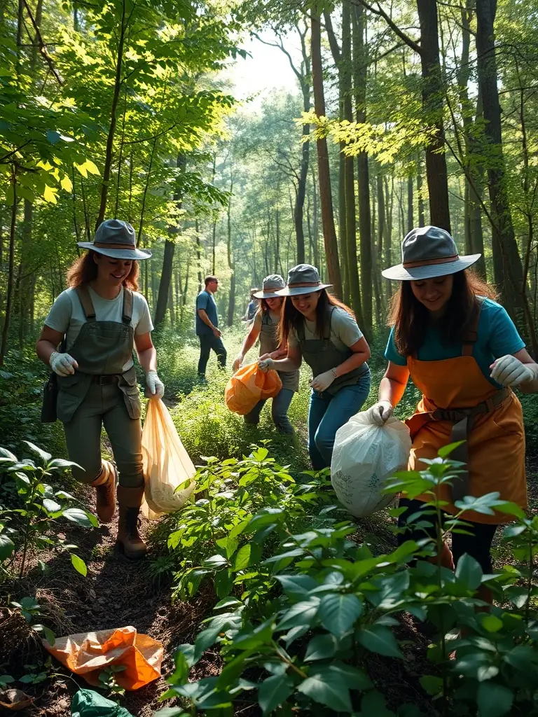 A photograph of the organization's members participating in a forest cleanup activity, removing litter and debris to maintain the natural beauty and health of the Avaugour Bois Meur forest.