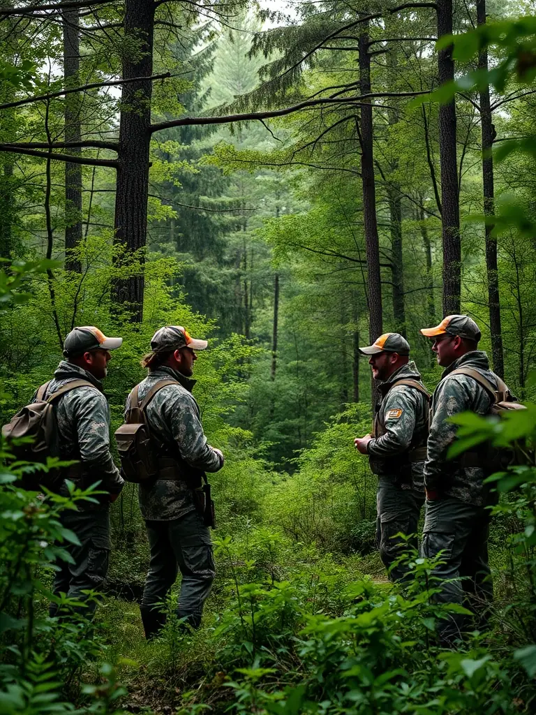A photograph depicting a group of hunters participating in a supervised hunting activity in the Avaugour Bois Meur forest, showcasing responsible hunting practices.