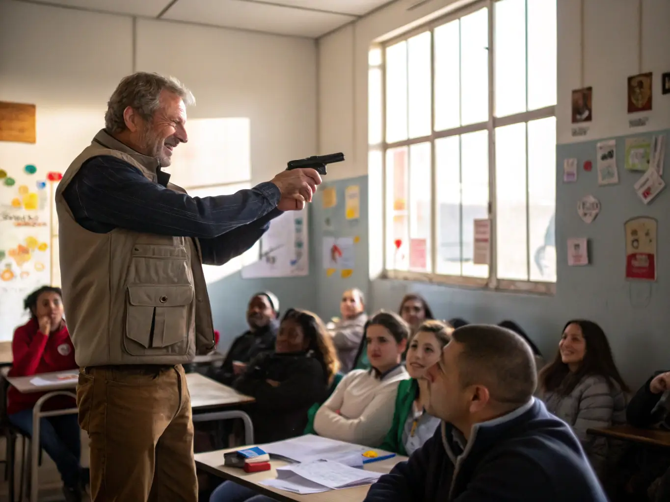 A hunter education instructor demonstrating safe firearm handling techniques to a group of new hunters in a classroom setting.