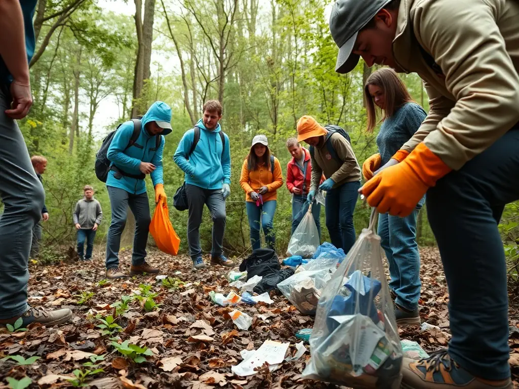 Volunteers cleaning up litter and debris from a section of the Avaugour Bois Meur forest during a community cleanup event.