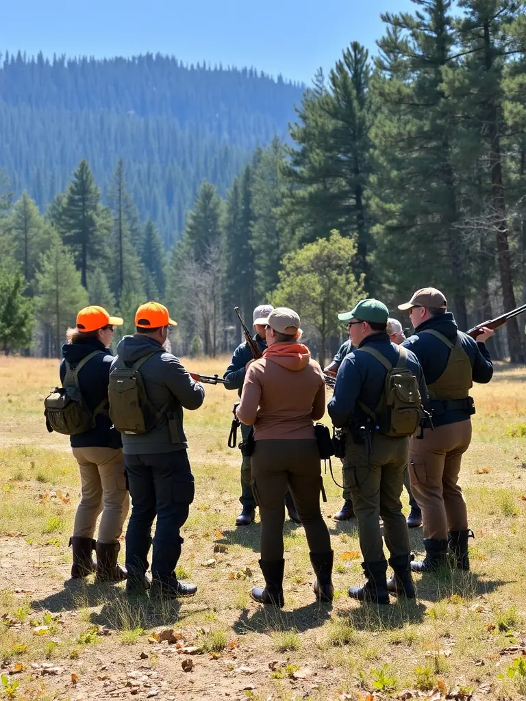 A photograph depicting a group of hunters participating in a supervised hunting activity in the Avaugour Bois Meur forest, emphasizing safety and responsible hunting practices.