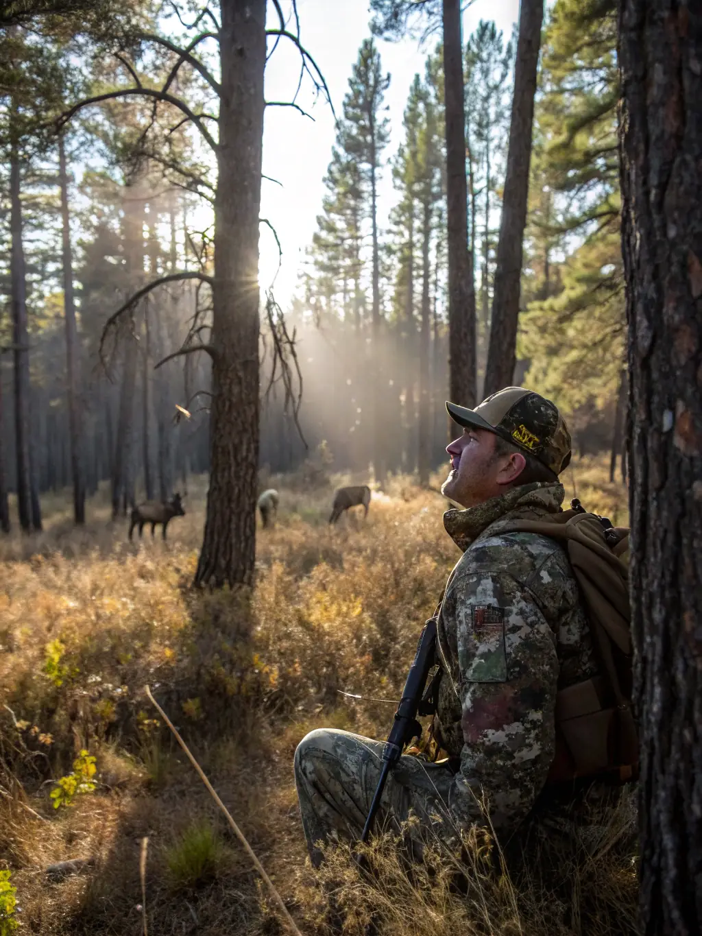 An image of a hunter teaching a young person about wildlife conservation and responsible hunting practices in a forest setting.